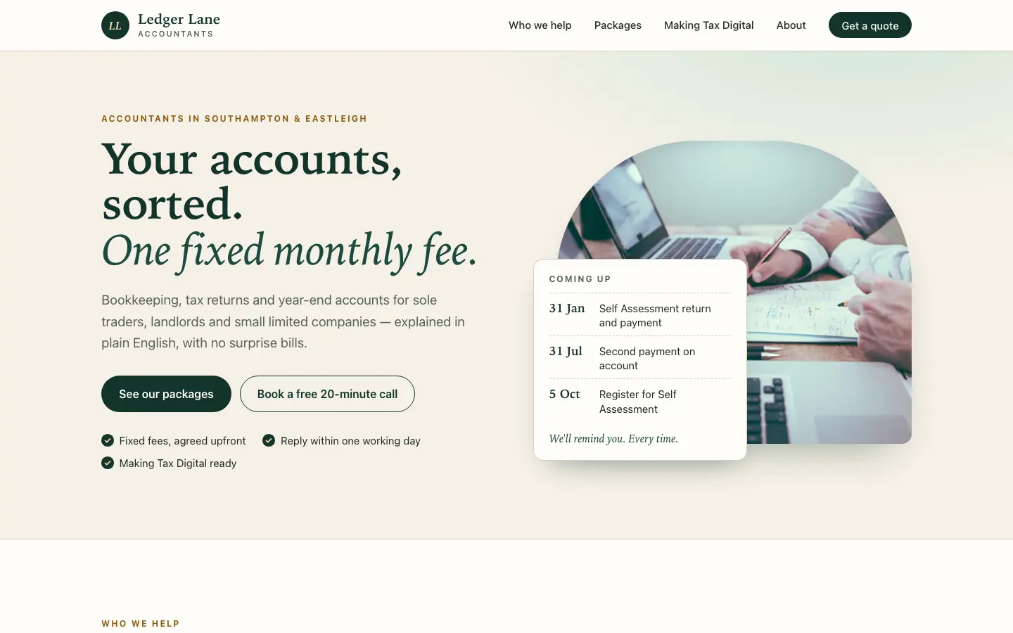 Desktop homepage of the Ledger Lane Accountants concept website, with a serif headline, a fixed-fee message and a card of upcoming tax deadlines