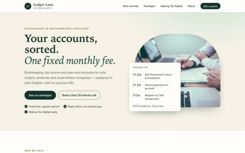 Homepage of the Ledger Lane Accountants concept website