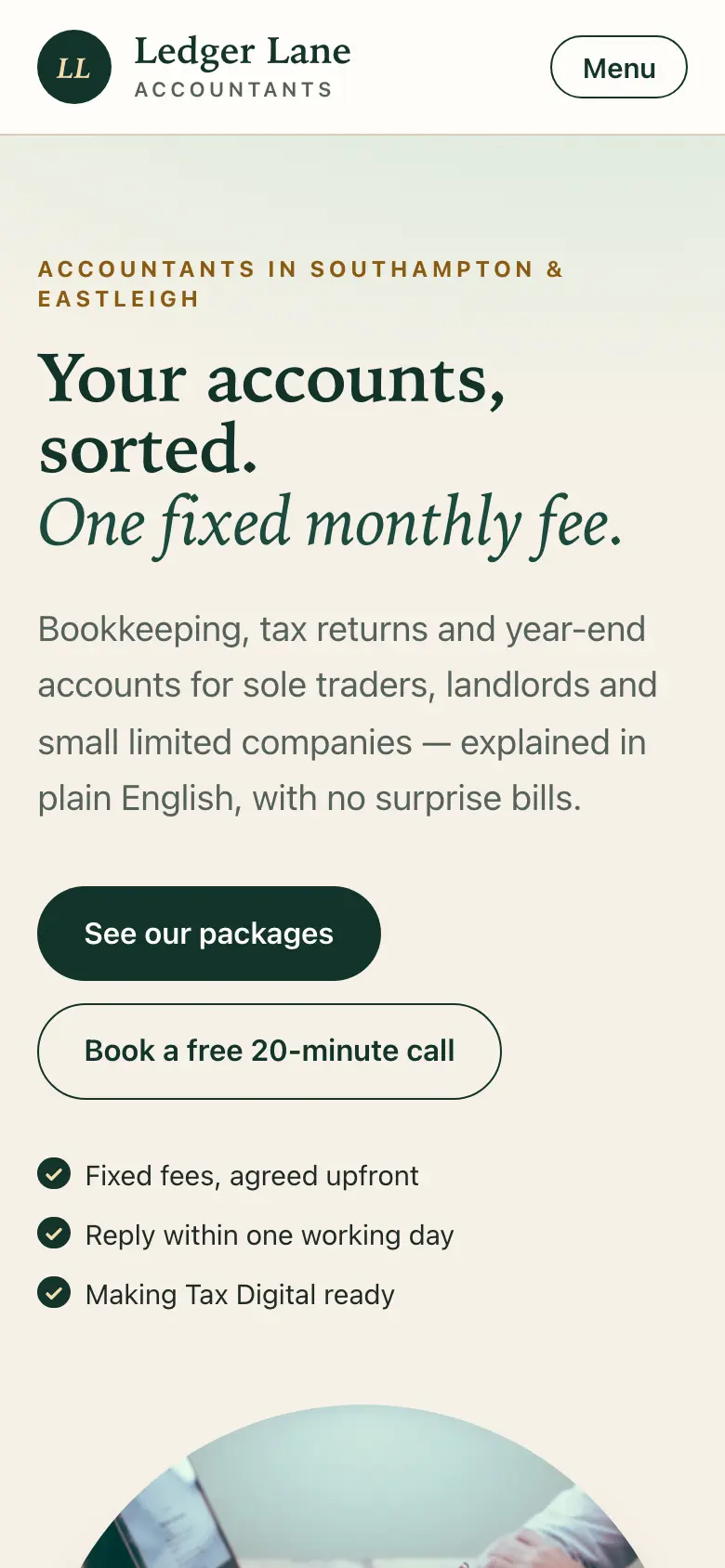 The Ledger Lane Accountants concept website on a phone, showing the headline and package buttons