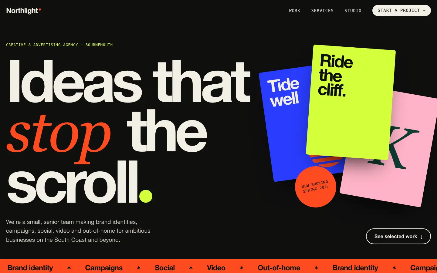 Desktop homepage of the Northlight Creative concept website, with an oversized headline on black and a stack of colourful poster designs