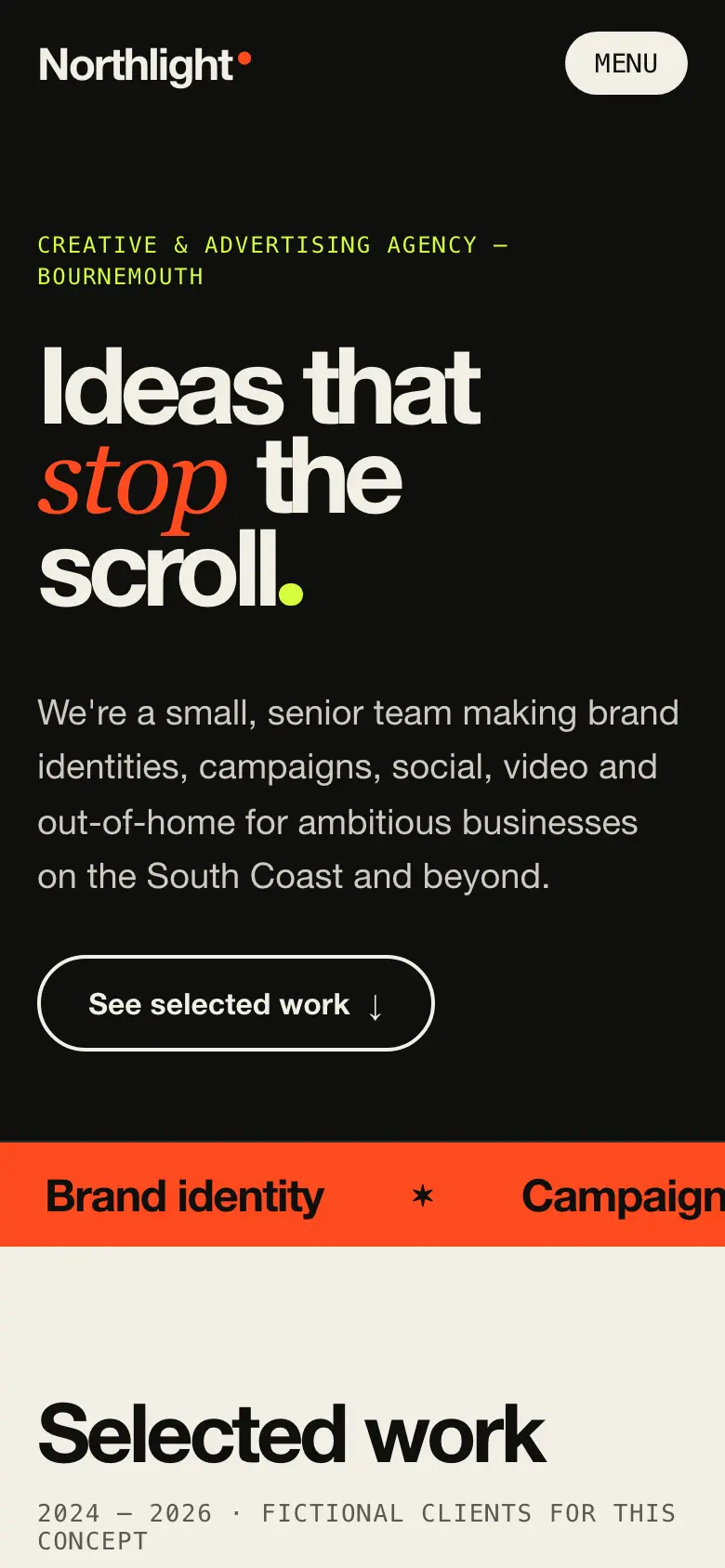 The Northlight Creative concept website on a phone, showing the headline and a scrolling strip of services