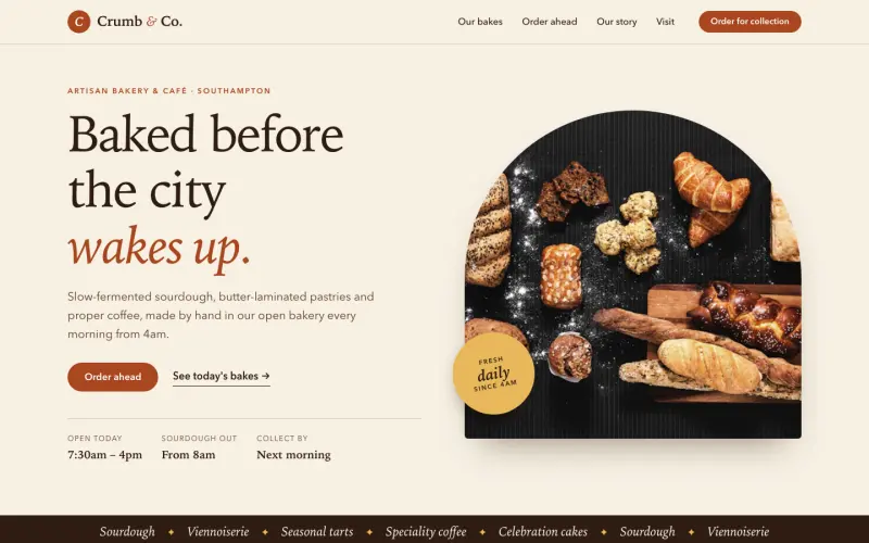 Homepage of the Crumb & Co. bakery concept website