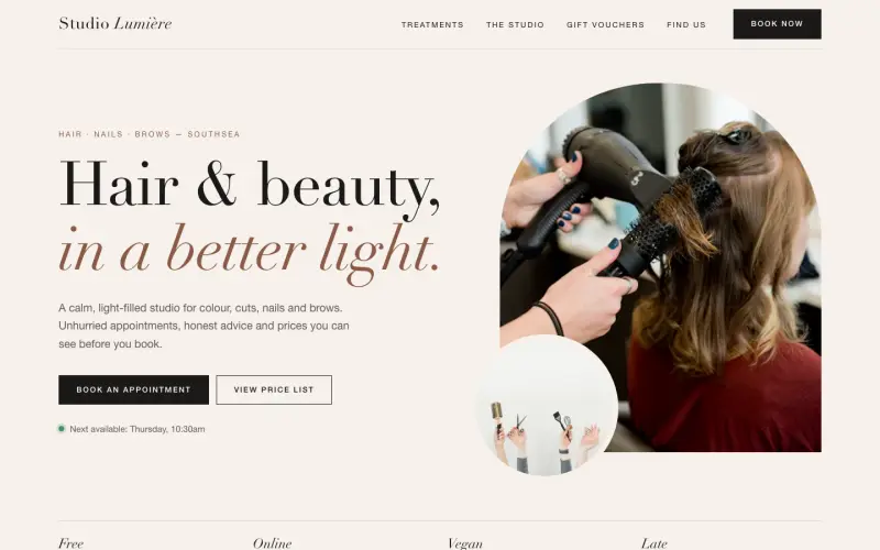 Homepage of the Studio Lumière hair and beauty concept website