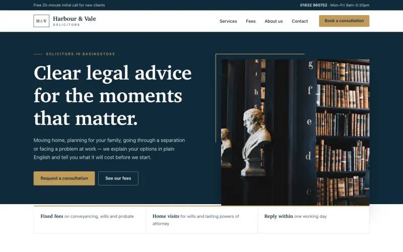 Homepage of the Harbour & Vale Solicitors concept website