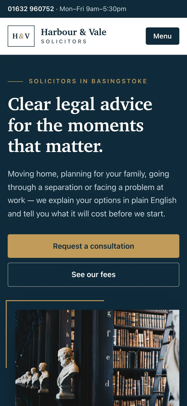 The Harbour & Vale Solicitors concept website on a phone, showing the phone number, headline and consultation buttons